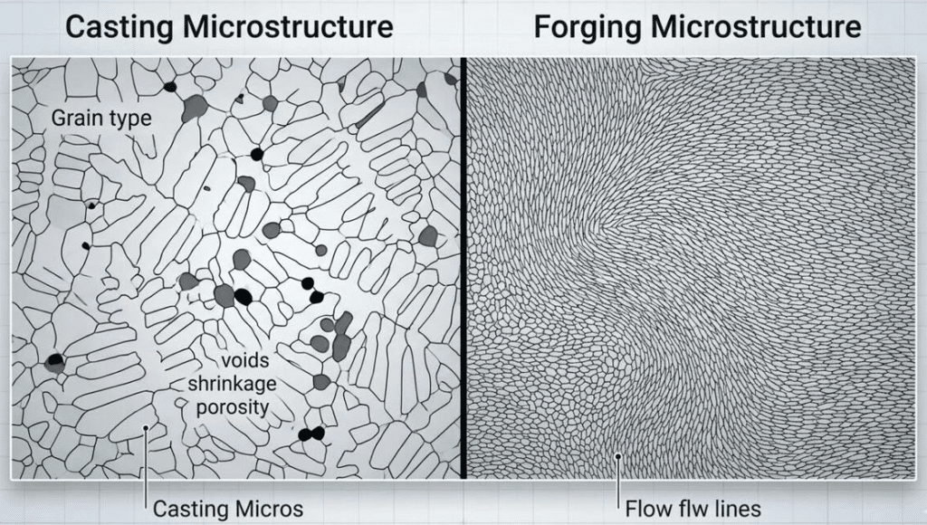 Microstructure comparison diagram of cast and forged rail clip, casting shows internal shrinkage porosity voids, forging has continuous aligned metal flow lines without defects, illustrating clip fracture fatigue failure root cause