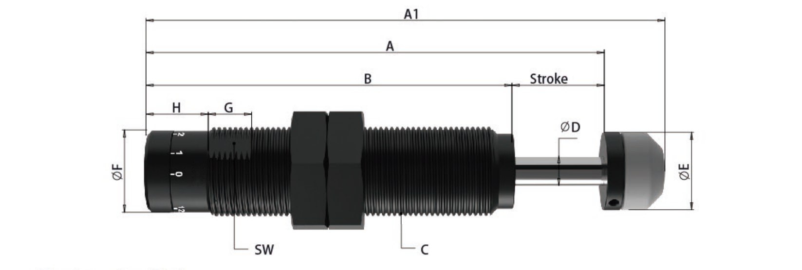 BD Adjustable Hydraulic Buffers — engineering data: dimensions, stroke and energy ratings
