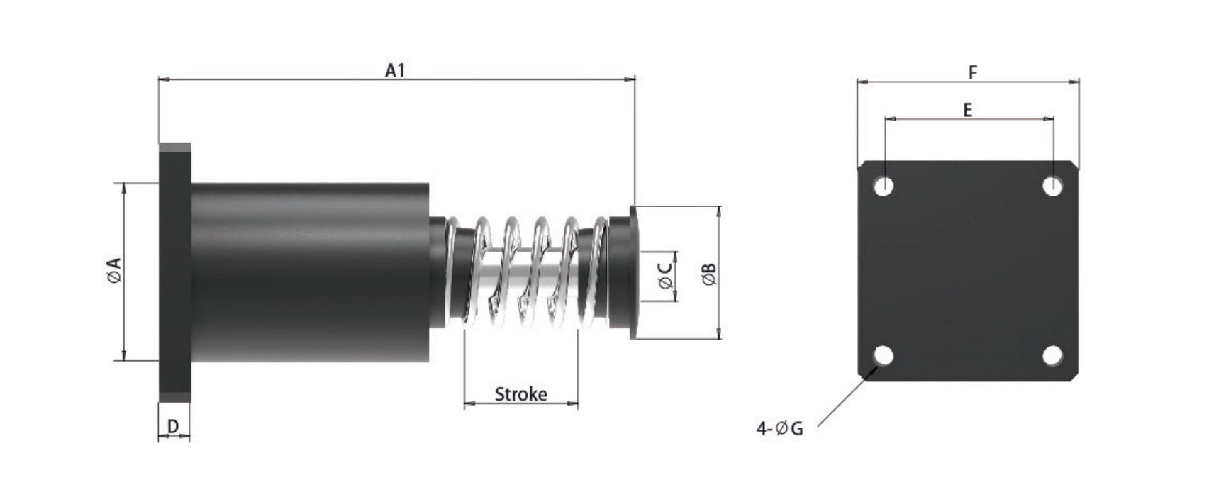 BHS Spring-Type Heavy-Duty Hydraulic Buffers — engineering data: dimensions, stroke and energy ratings