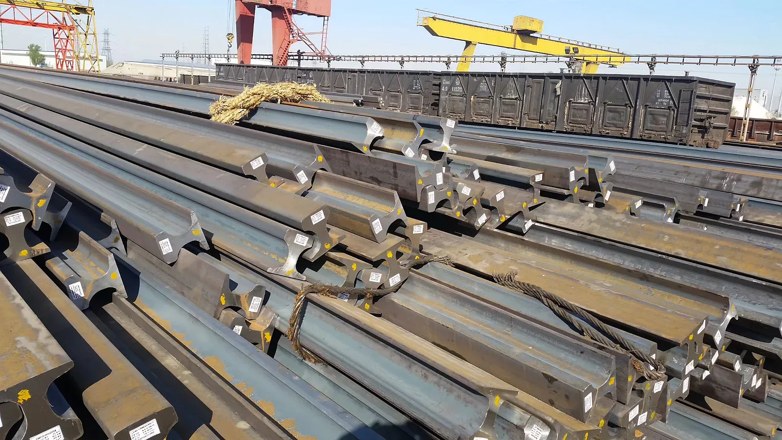 A75 crane rail bundles loaded for transport