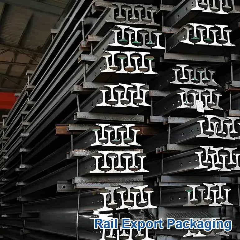 Export packing: crane rail bundles strapped for sea freight