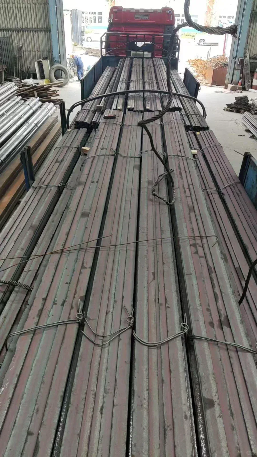 Crane rail bundles loaded on the truck